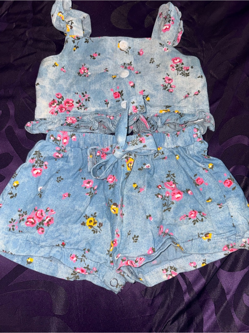 Rare Editions Blue Floral Denim-Look Girls' Short Set